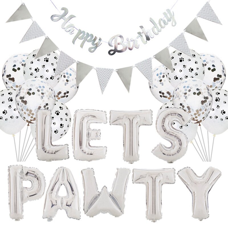 Pet Dog Cat Birthday Party Decoration Set Cute Letter LETS PAWTY Party Balloon Decor Dog Pet Party Banner Pet Birthday Supplies: silver set