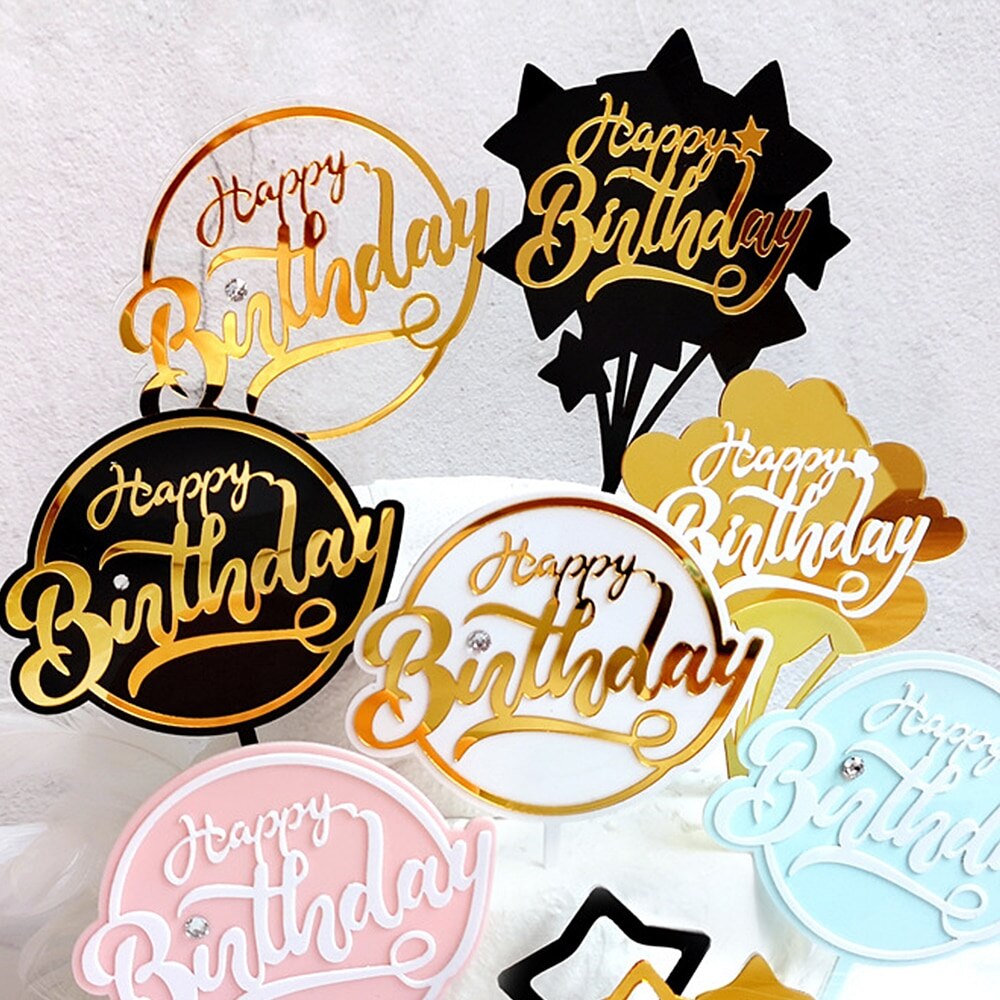Ouro rosa preto acrílico mão escrita feliz aniversário bolo topper sobremesa decoração para festa de aniversário presentes encantadores fornecimento de cozimento