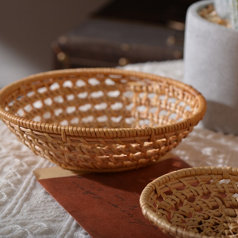 Rattan Lagerung Tray Runde Korb Hand-Woven Tablett Weidenkorb Brot Obst Lebensmittel Frühstück Display