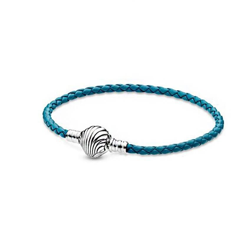 925 Sterling Silver Beads Bracelets Fit Pan Moments Seashell Clasp Turquoise Braided Leather Bracelet