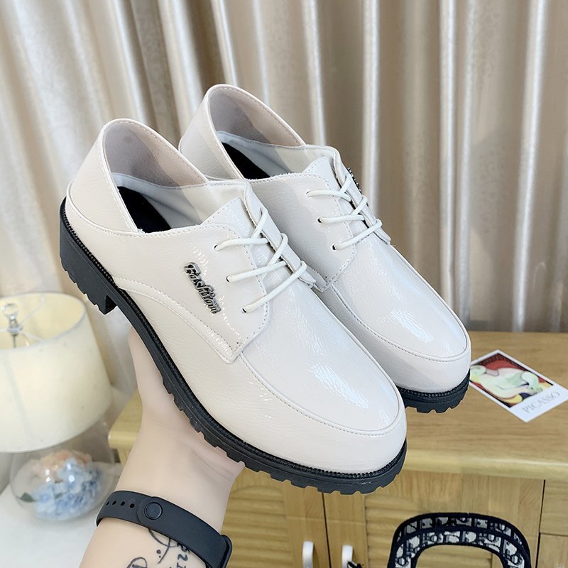 Solid Black Leather Oxford Shoes for Women Shoes Thick Bottom Square Low Heels Autumn Winter Casual Shoes Woman Flats Plus Size: Beige / 8.5