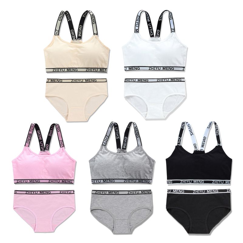 Teen Girls Underwear Soft Padded Cotton Letter Print Bra Set for Young Girls for Yoga Sports Running Free Size