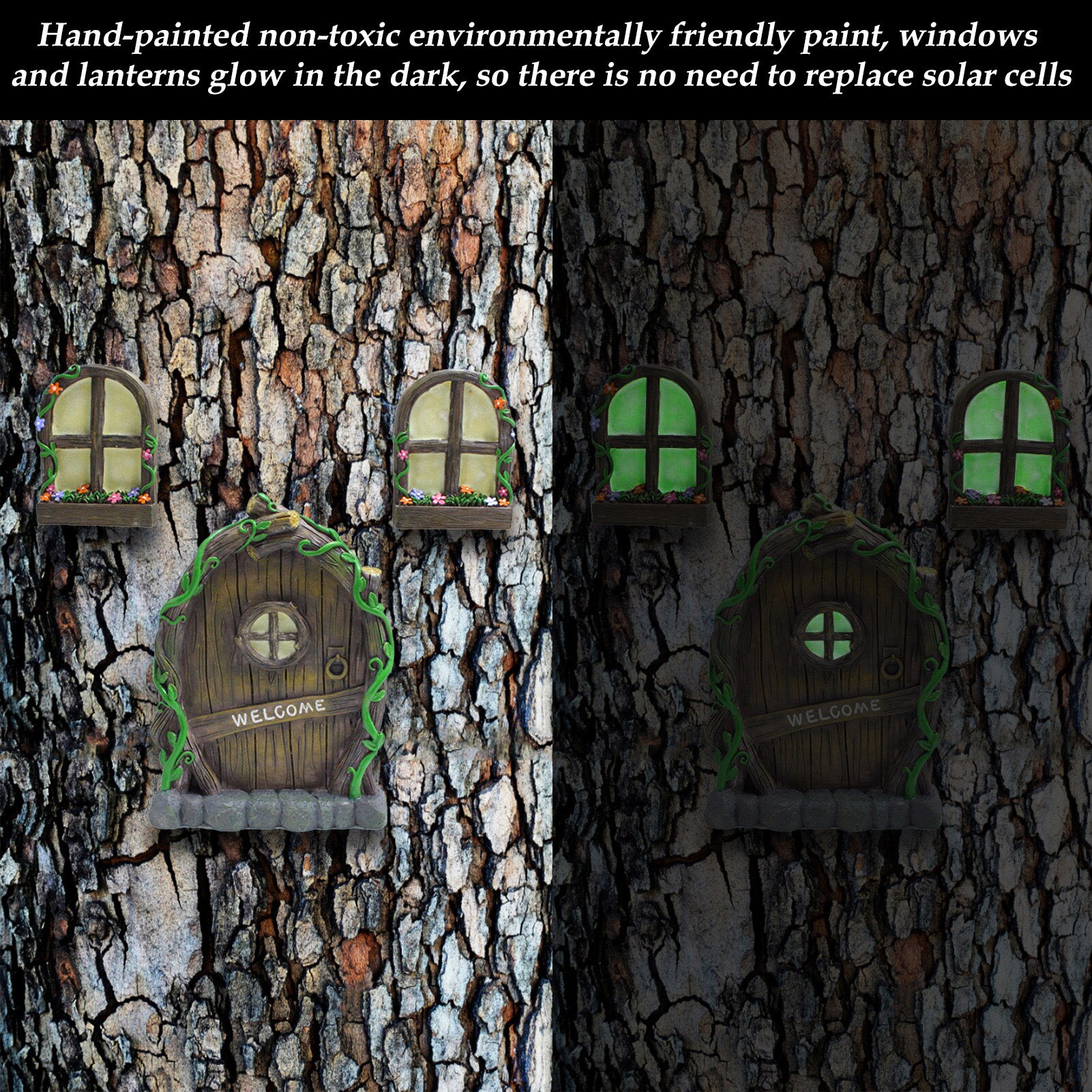 Miniature Fairy Tree Decorations Fairy Door and Windows for Trees Glows in the Dark hand painted natural woodland look