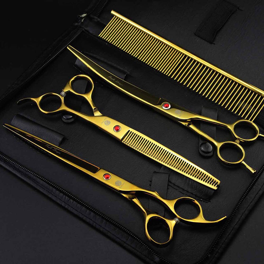 8 Inch Dog Hair Scissors Bent For Dogs Grooming Cat Japan 440C Dog Shears Hair Cutting Thinning Curved Scissor Set: Gold