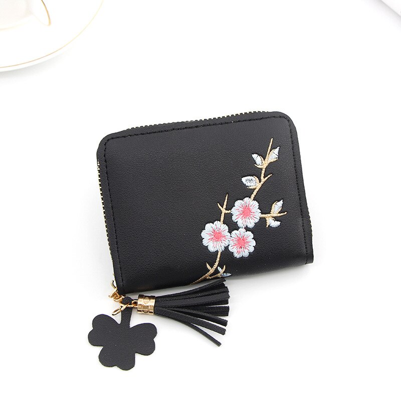 Lovely Ladies Flower Embroidery Tassel Pendant Short Wallet Girls Cute Zipper Purse Change ID Card Coin Pocket Card Holder: 2