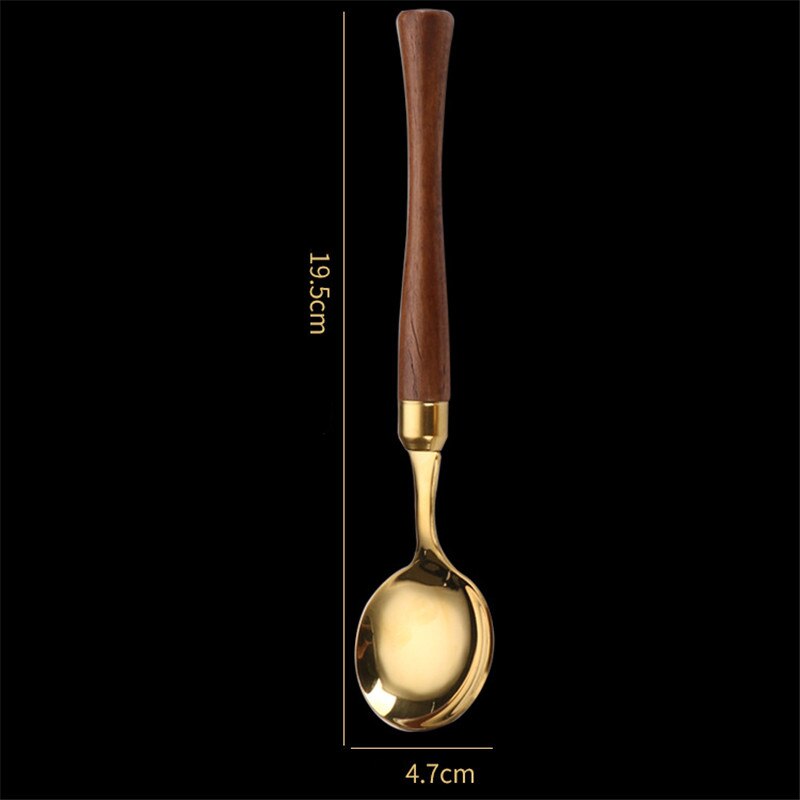 1 Pc Houten Handvat Roestvrij Staal Bestek Westerse Servies Servies Lepels Theelepels Vork Messen Thuis Keukengerei: Gold Round Spoon