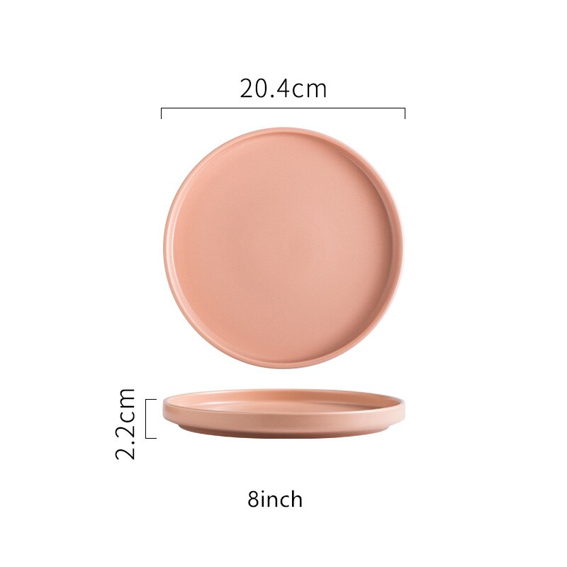 Assiette ronde créative en céramique, plateau ménager vert foncé mat, vaisselle nordique rose en céramique, assiette alimentaire occidentale pour Steak: Pink 8inch