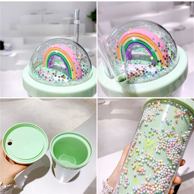 Straw Cup Double Layer Eco-Friendly Plastic Drinkware Ins Girl Water Cup Anti-fall Milk Coffee Cups For Home Office J170