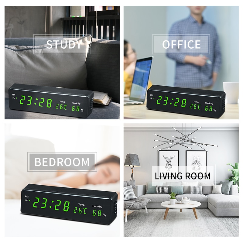 Electronic LED Wall Watch Decor EU Plug Digital Wall Clock Big LED Time Calendar Temperature Humidity Display Desk Table Clocks