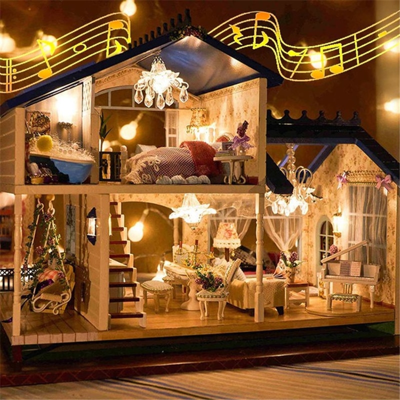 Muziek LED Licht Miniatuur Poppenhuis Provence Poppenhuis DIY Kit Houten Huis Model Speelgoed met Meubels Verjaardag Kerstcadeaus