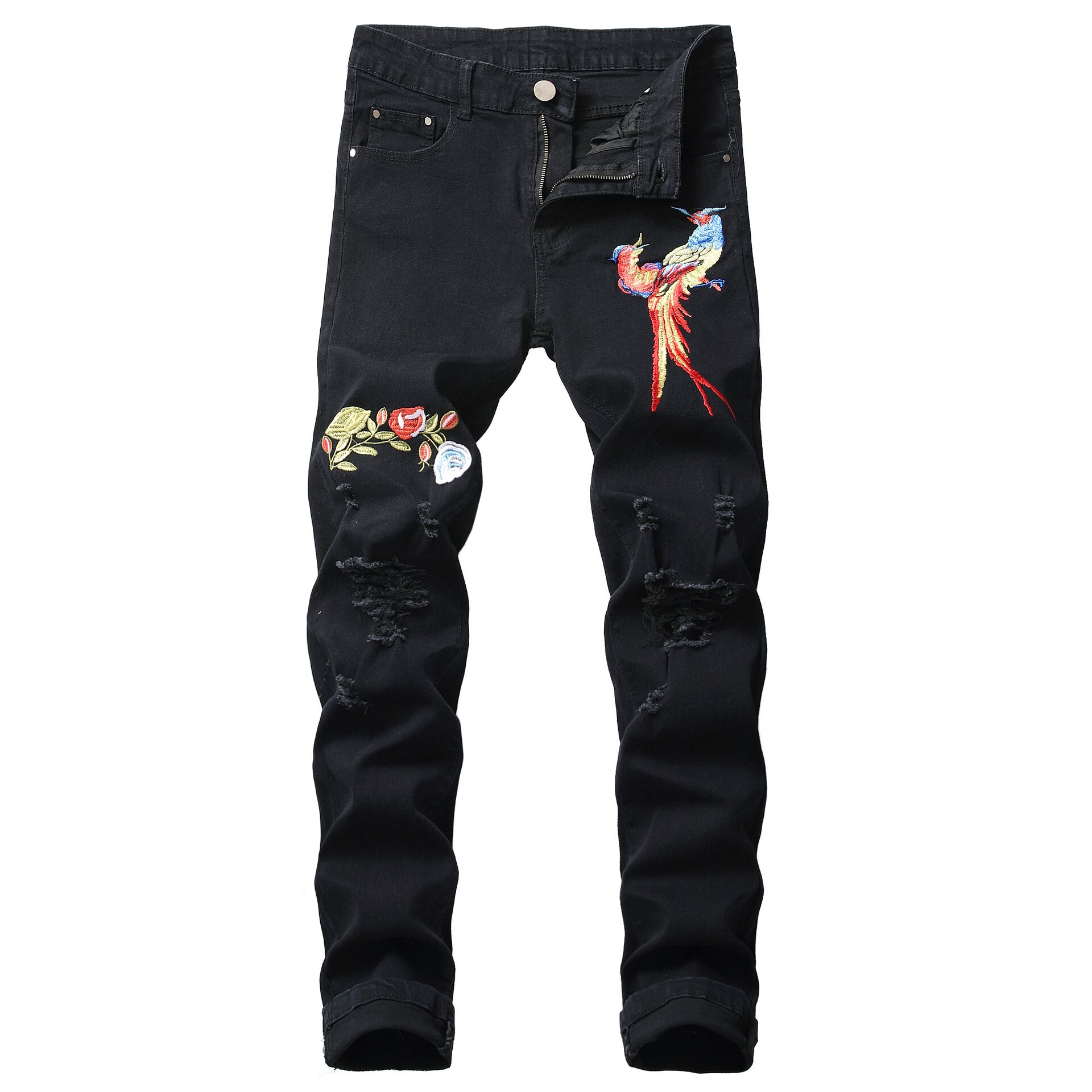 Nowe mody osobowości porwane jeansy spodnie dżinsowe mężczyźni haftowany kwiat fala dżinsy z dziurami Trend Retro żebrak stóp spodnie: black / 38