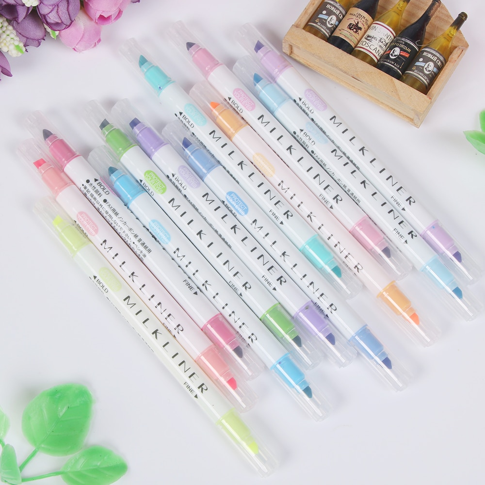12 Pcs Japanese Milkliner Pens Milk liner Double Headed Fluorescent Pen Cute Art Highlighter Drawing Mark Pen Stationery