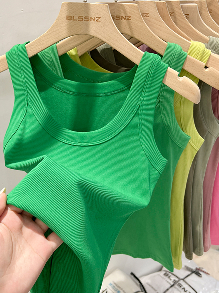 zjaiss Women Solid Round Neck Ribbed Tank Top Camisole Women Summer Basic Elastic Tank Top O Neck Solid Tank Top: M / green