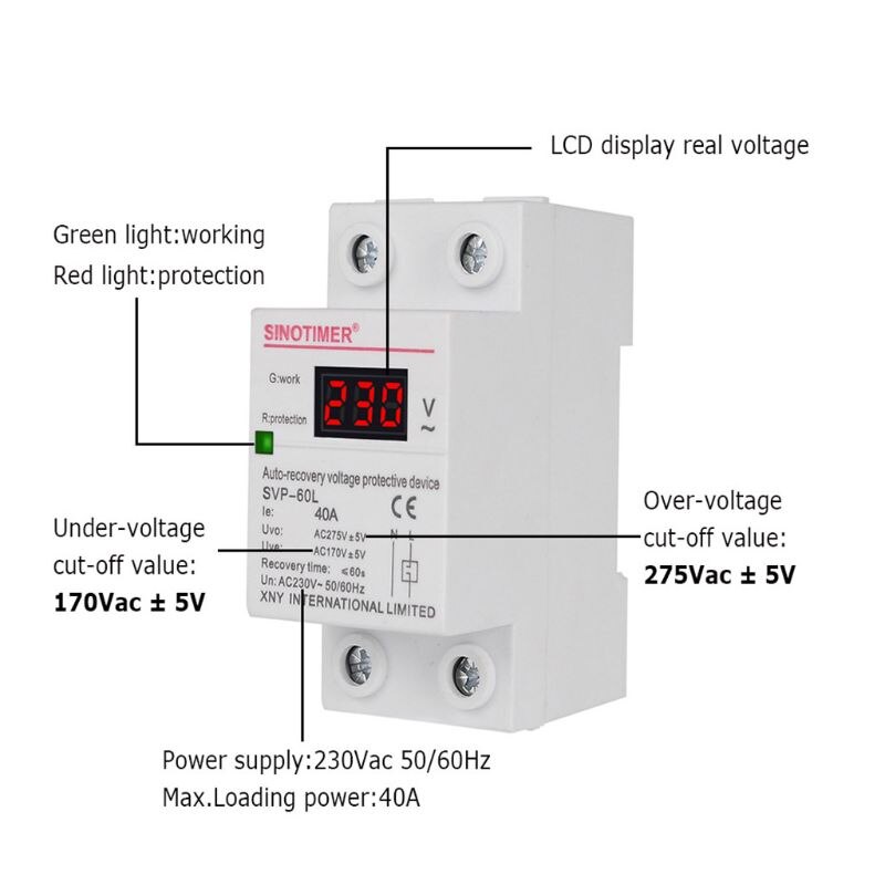 AC 230V LED Din Rail Adjustable Automatic Recovery Over Under Voltage Relay Self-resetting Overvoltage Protective Device W91B