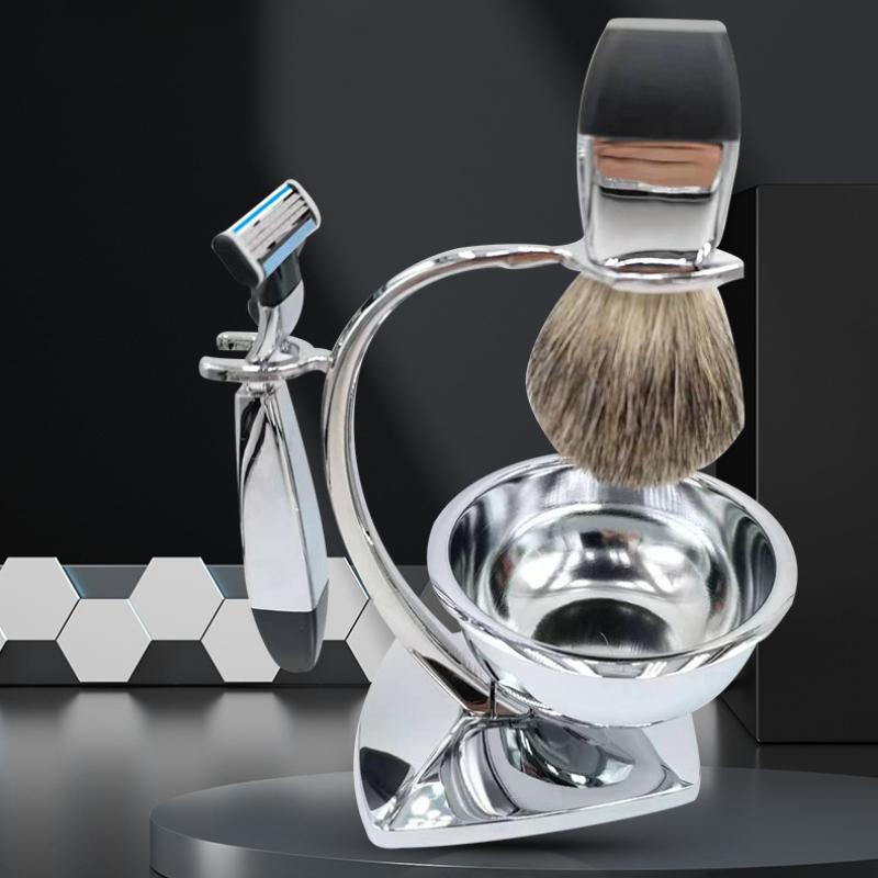 Juego de brochas de afeitar Premium para hombre, maquinilla de afeitar y cepillo de pelo, soporte para jabonera y cuchilla Manual de 3 capas