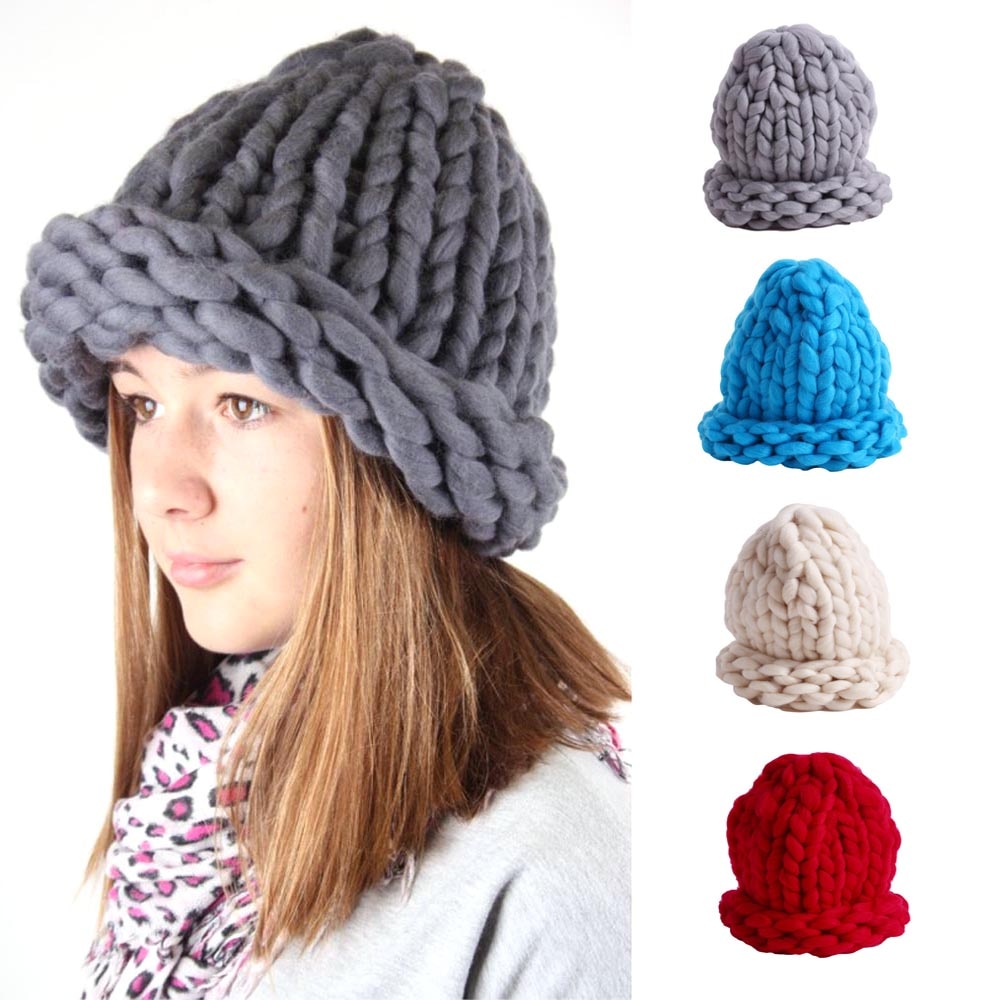 Women Winter Knitted Beanies Hat Thick Soft Warm Coarse Large Knitted Solid Hat Female Ice Ski Bonnet Hat