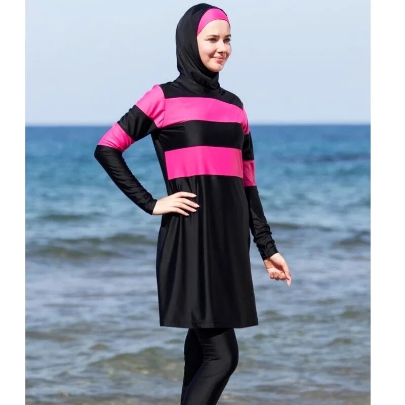 Burkini 3 Pièces Femme Musulmane - Manches Longues, Hijab Détachable, Couverture Complète, Imprimé Islamique