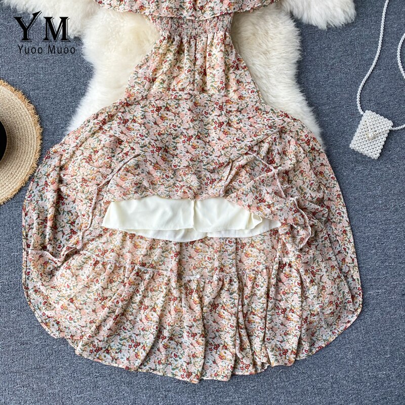 Yuoomuoo Bohemian Zomer Off Shoulder Bloemenprint Jurk Vrouwen Elegante Ruches Chiffon Lange Jurk Boho Mode Strand Jurk