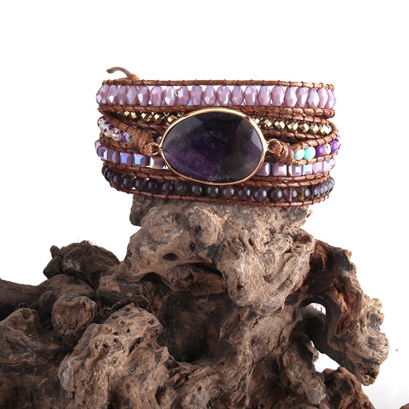 RH Boho Beaded Bracelet Handmade Mixed Natural Stones & Crystal Stone Charm 5 Strands Wrap Bracelets: Purple