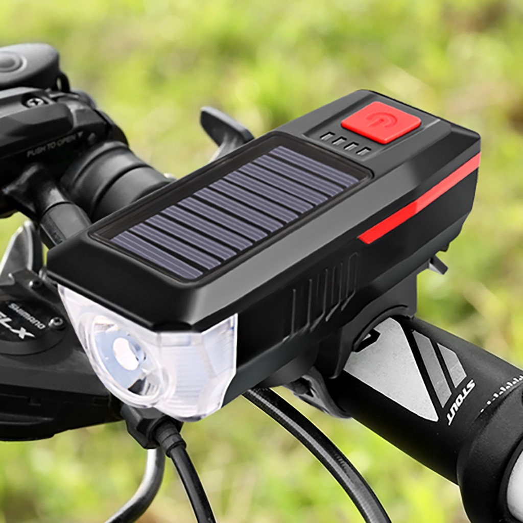 Outdoor Solar Power USB LED Bike Bicycle Front Light Rechargeable Headlight With Horn