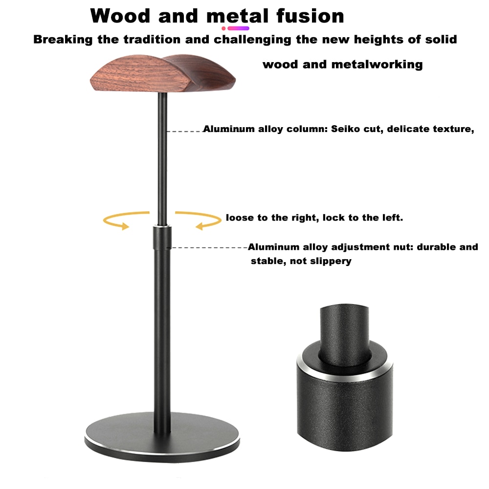 JINSERTA Aluminum Alloy Headphone Holder Up and Down Adjustable Headset Stand Bracket Display Shelf Wooden Desktop Hanger
