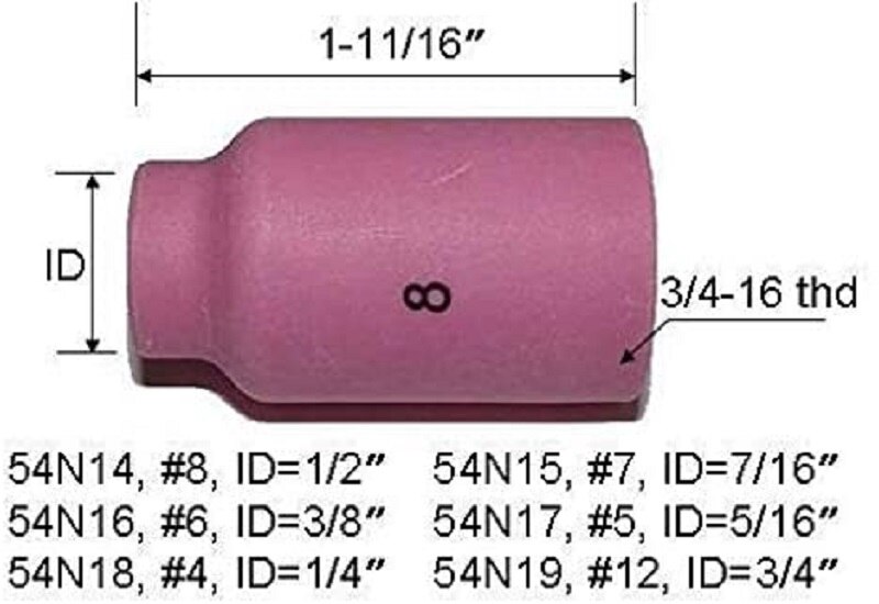 Riverweld tig gaslinser keramisk kop 54 n 14 #8 (1/2, d12.5*42mm)  til tig-svejsebrænder  wp 17 18 26 serie 10pk