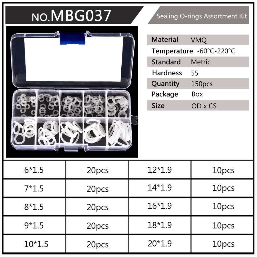 Silicone VMQ Blanc Joints toriques OD 6mm-20mm CS 1.5mm 1.9mm Durable JOINTS TORIQUES Assortiment Kit 10 Tailles 150 Pièces/ensemble BG037: MBG037 x1