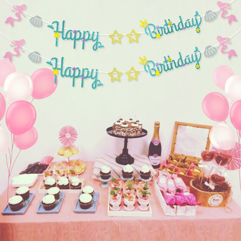 1Set Mermaid Banner DIY Kid Adult Birthday Party Decor Bunting Hanging Garland Mermaid Tail Shell Paper Flag Baby Shower Supplie