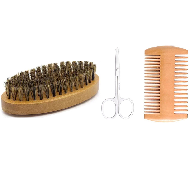 Mannen Scheerkwast Set Varkenshaar Draagbare Kapper Natuurlijke Baard Borstel Kam Schaar Voor Gezichtsreiniging Styling Tool: Zilver