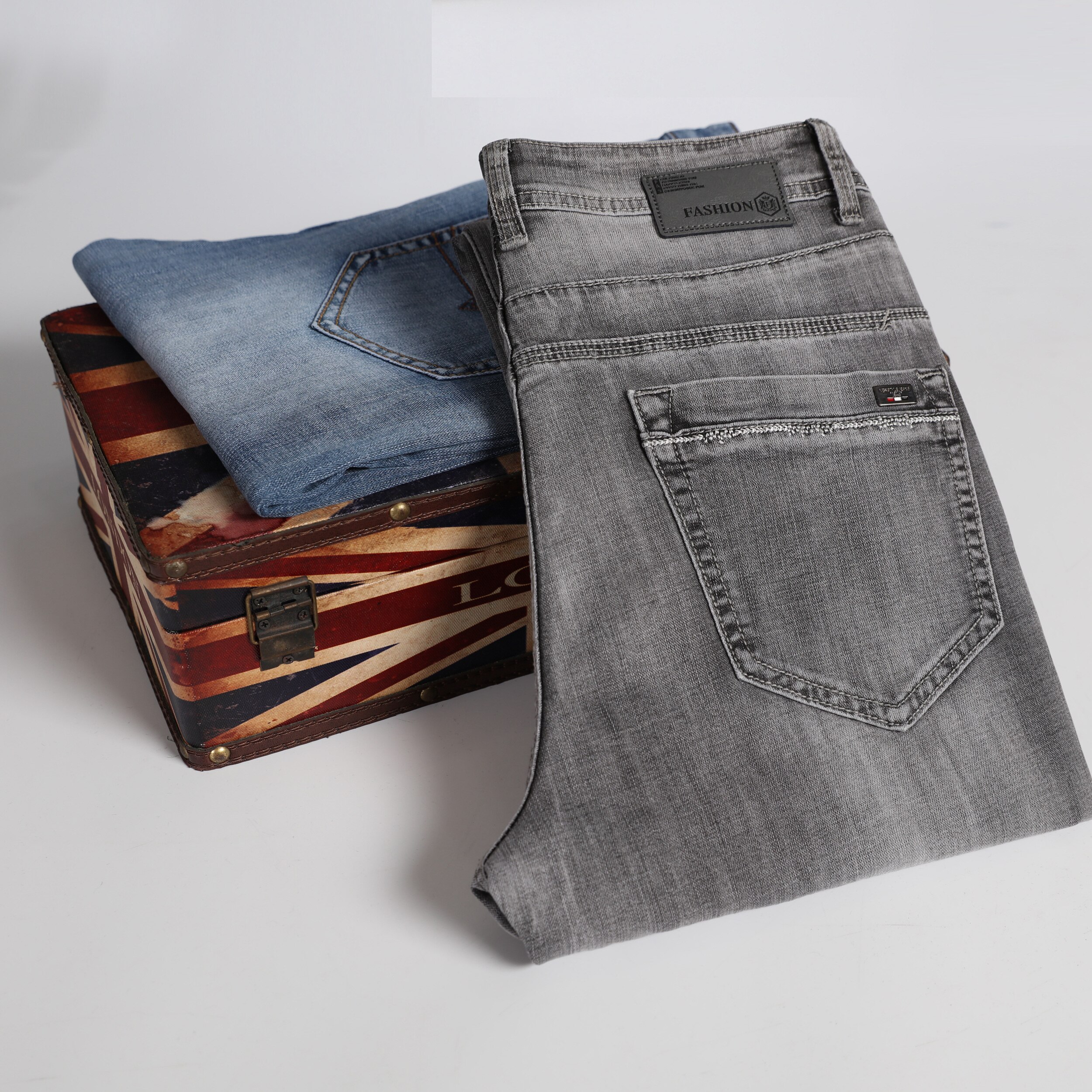Herfst Smoky Grijs Geavanceerde Stretch Jeans Business Casual Katoen Regular Fit Denim Broek Mannelijke Broek