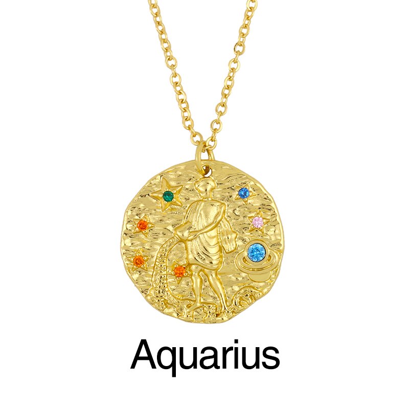 FLOLA Oro Catena Costellazione Zodiacale Collana Per Le Donne di Cristallo 12 Segno Zodiacale Collana Pendenti Con Gemme E Perle CZ Gioelleria Raffinata E Alla Moda del Regalo nker03: Aquarius