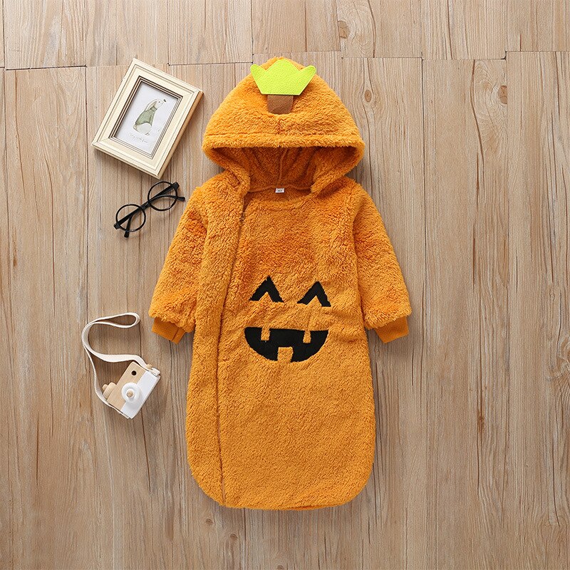 Infant Halloween Sleeping Wear Autumn Winter Baby Girls Boys Cartoon Pumpkin Shape Zipper Long Sleeve Thickened Sleeping Robes