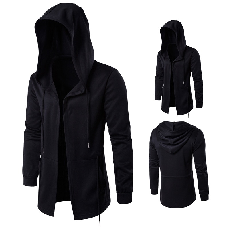 Men Caps Hooded Men Trench Male Coat Casual Long Black Gothic Style Outwear Jacket Tops Men Streetwear Plus Sizes Windbreaker