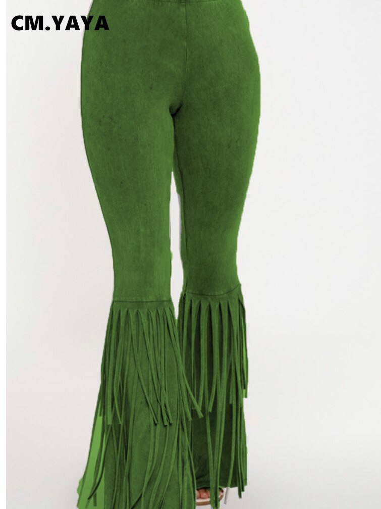 CM.YAYA-ropa de calle de ante para mujer, pantalones de empalme con borlas, Leggings de cintura alta, pantalones de chándal drapeados con campana acampanados