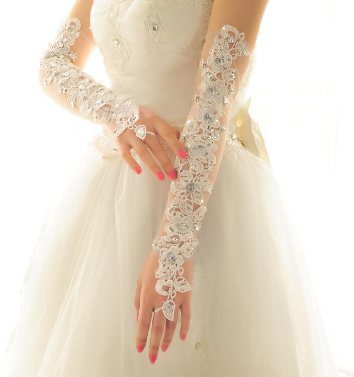 Bride Gloves Long Wedding Dress Gloves Lace Beige Elbow Length Beaded Fingerless