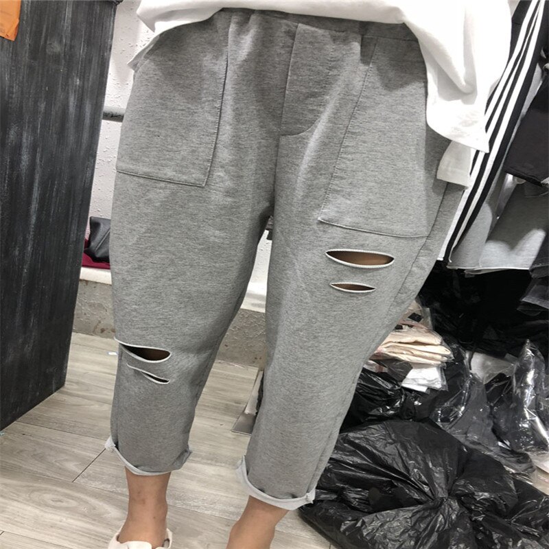 Sleep Bottoms Women Summer Ripped Holes Korean Trendy Ulzzang Cozy Elastic Waist Loose Home Outwear Casual All-match Harem Track: Gray / M