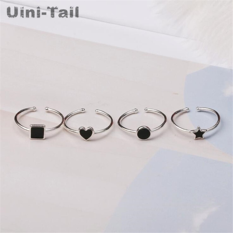 Uini-tail 925 en argent Sterling noir géométrique anneau personnalité ouvert époxy anneau étoile Triangle en forme de coeur anneau GN451