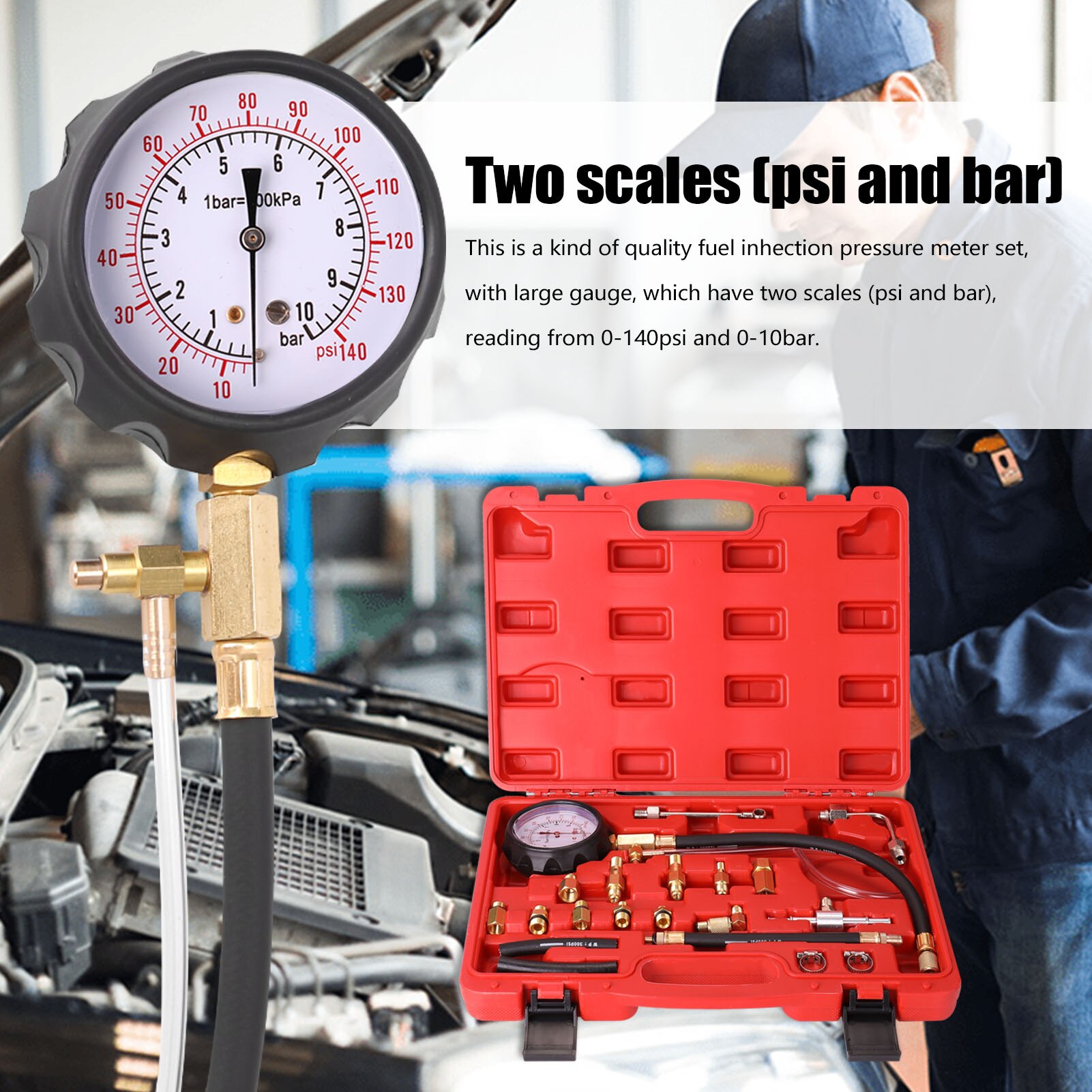 TU-114 0-140 PSI/0-10 Bar Fuel Injection Pressure Meter Pump Tester Compression Pressure Gauge Gasoline TU114-1014G