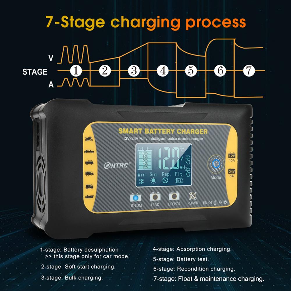 HTRC 10A 12V 5A 24V Car Charger Fully Intelligent Pluse Repair Smart Battery Charger For Lithium Lead-Acid LIFEFO4 AGM Battery