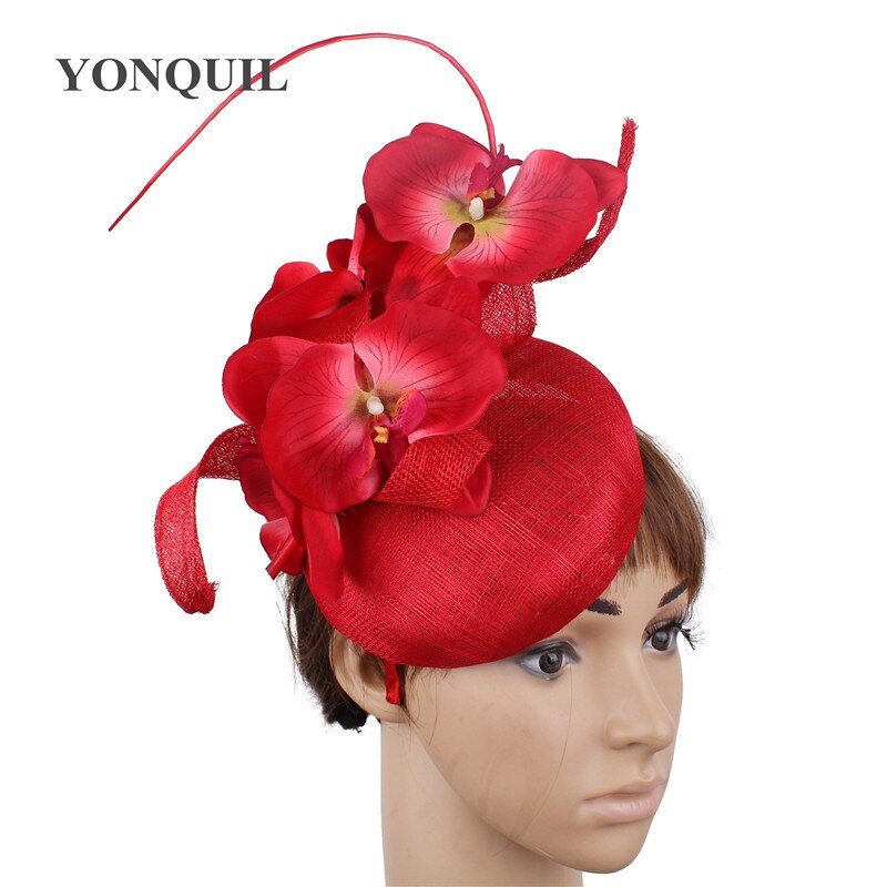4-Layer sinamay wedding party headpiece with flowers bride wedding headwear women occasion banquet lady fascinators hat: Red