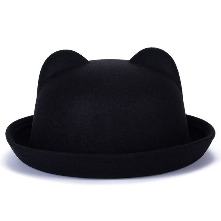 [dingdnshow] trend fedora hat unik sød voksen uld vinter og efterår floppy hat med ører kvindelig gorro til kvinder: Sort voksen