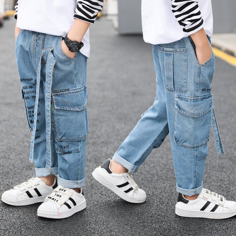 Pojke jeans barn barn cargo jeansbyxor småbarn resår midja höst höst trend ledig 3 to 13 år