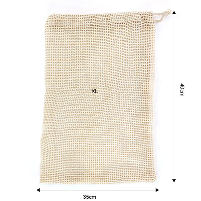 Genanvendelige bomuldsnet producereposer til grøntsag frugt køkken vaskbar opbevaringstaske med snøre 4 størrelser tilgængelige: 40 x 35cm xl