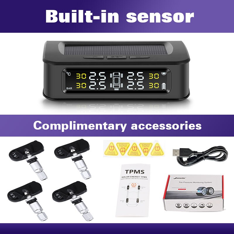 Tpms 5 däck bilsensor trycklarmövervakningssystem visar soltryckskontrollvarning via extern sensor 6 bar usb: 4 inbyggda sensorer