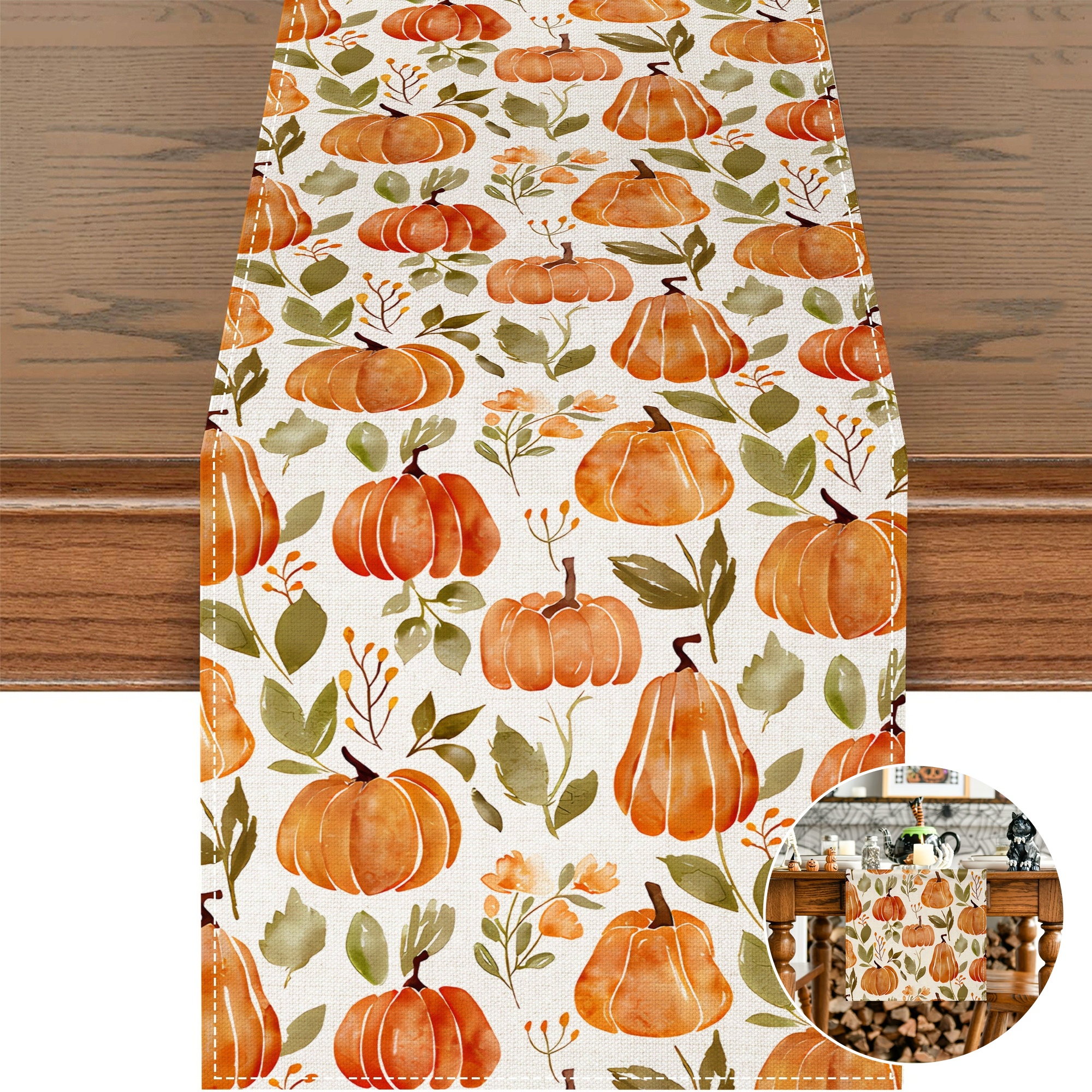Herfstpompoen tafelloper van polyestervezel met aquarelpatroon, een stijlvolle en duurzame decoratie voor op de keukentafel.