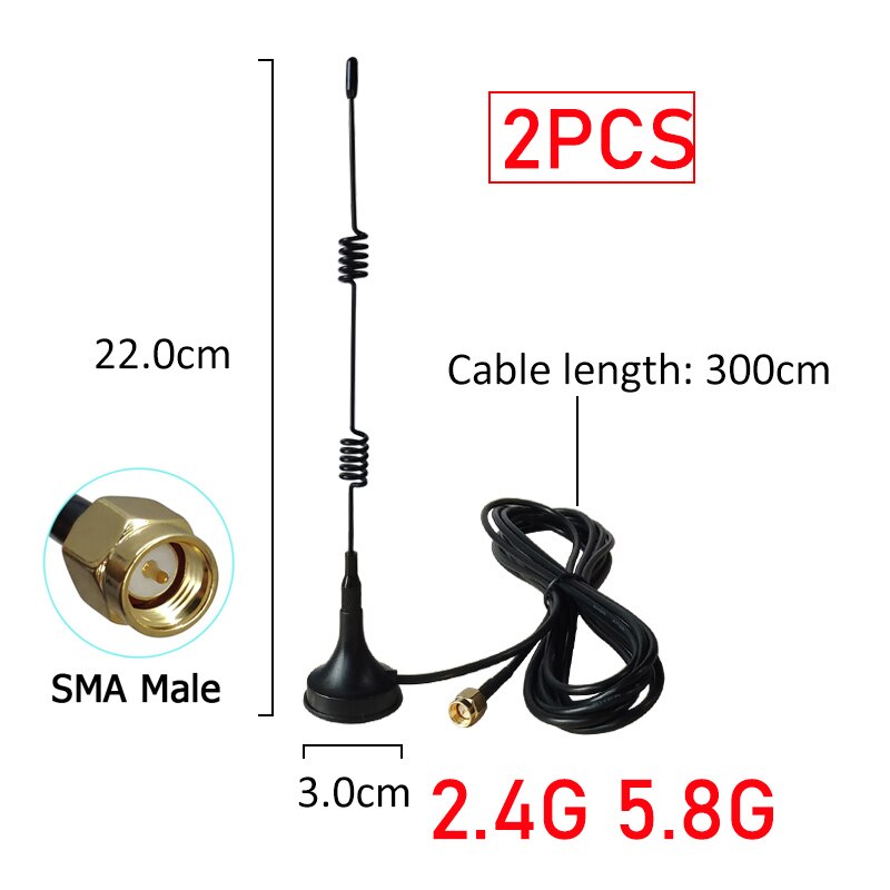 EOTH 1 2pcs 2.4g 5.8g antenna Magnetic base 12dbi sma male Pure copper wlan wifi dual band antene router antena 3m RG174 cable: 2P 22CM MALE