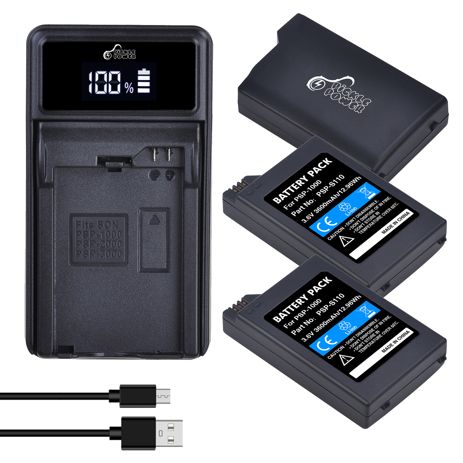 Pickle Power-Batería de 3600mAh para Sony PSP 1000 PSP-S110, Cargador USB LED para consola portátil Sony PSP 1000, PlayStation: 3 battery 1 charger