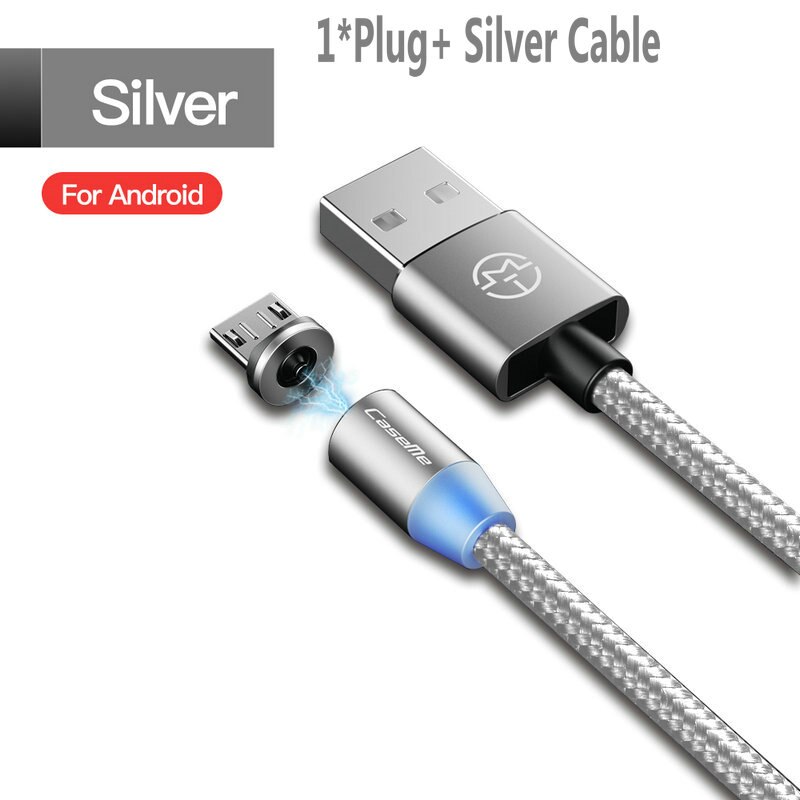 CaseMe-Cable magnético tipo C micro USB para iPhone, Cable LED de carga rápida de 1M, cargador magnético tipo C, conector de teléfono: For Android -Silver