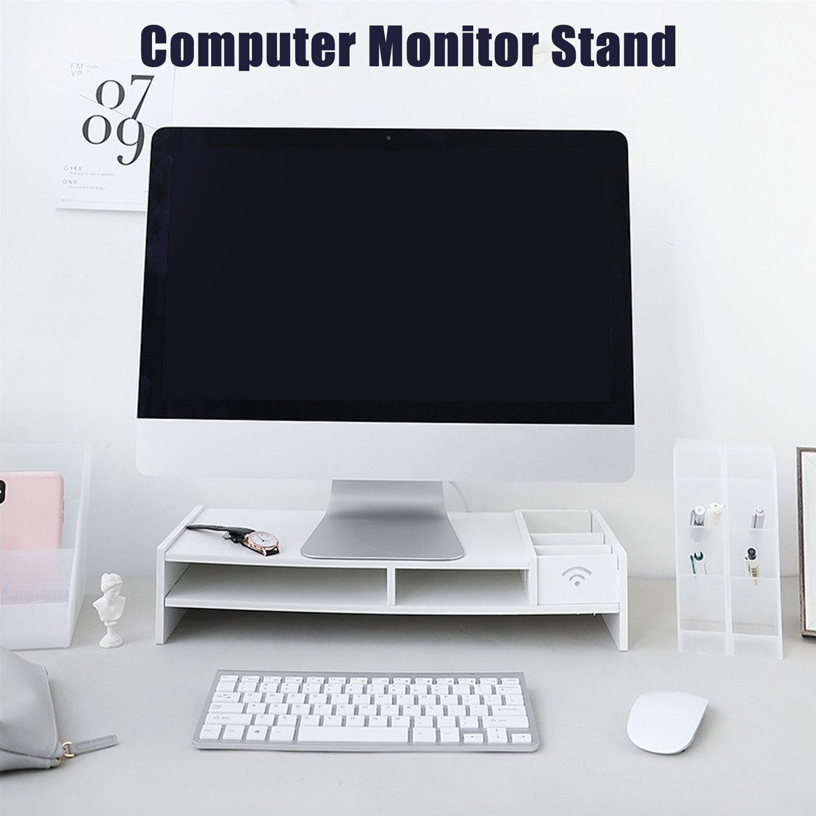 Besegad PC Computer Monitor Stand Riser Laptop Holder Wooden Desk Organizer Shelf Easy Assemble for Home School Office Desktop