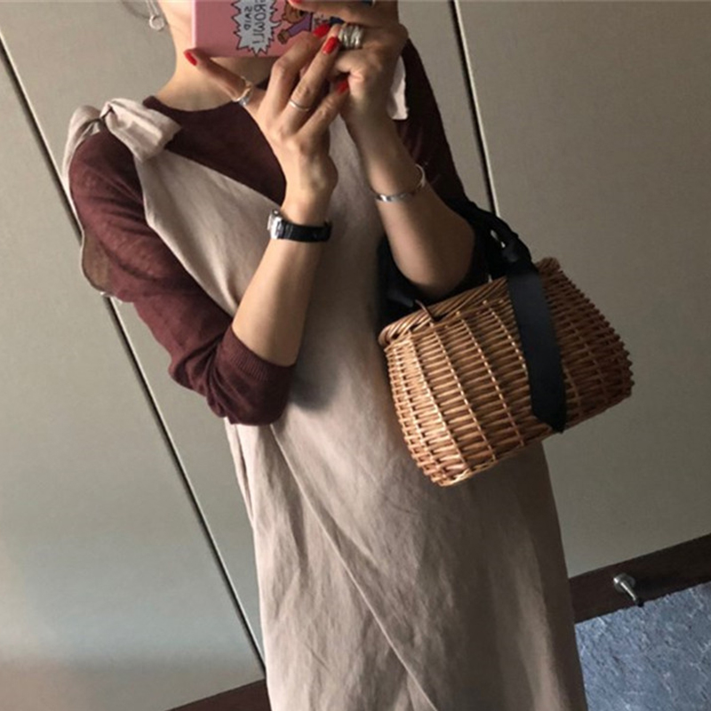Vintage Literary Elliptical Handmade Woven Bag Wicker Handbag Retro Summer Women Straw Beach Bags LBY